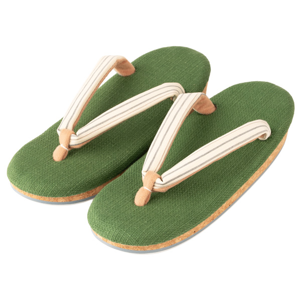 雪駄 宇治・抹茶染め生地天 小千谷縮花緒 コルク底 【レディース】｜H507 