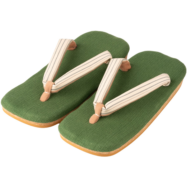 雪駄 宇治・抹茶染め生地天 小千谷縮花緒 コルク合成ゴム底 【メンズ】｜H508