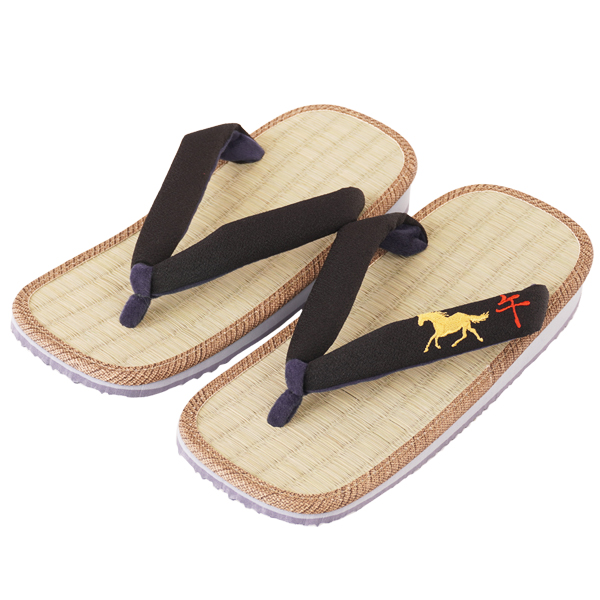 午刺繍 ブラック花緒 い草畳 雪駄【メンズ】|H61 黒