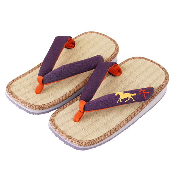 雪駄 干支 午刺繍 パープル花緒 い草畳 雪駄【ユニセックス】|H61 紫